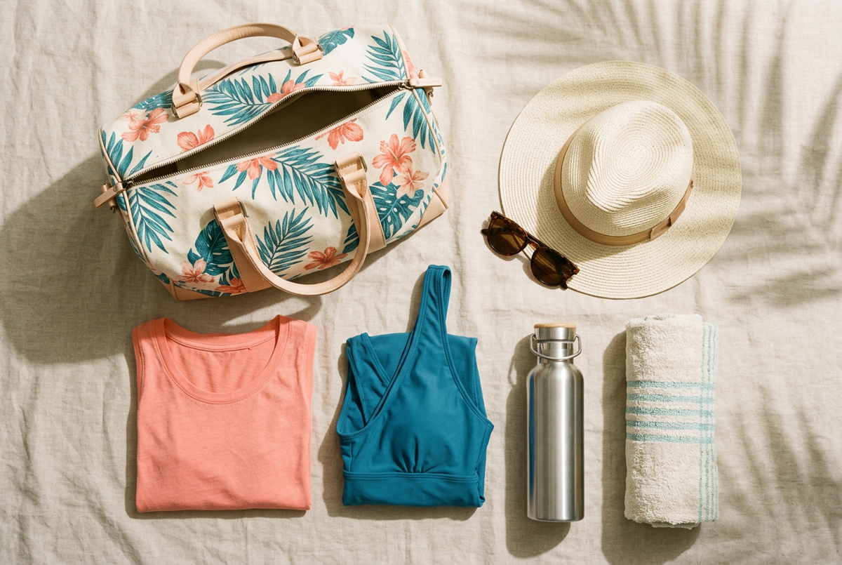 AI-generated beach packing flat lay with a tropical weekender bag, coral tank, teal swimwear, sun hat, sunglasses, and towel