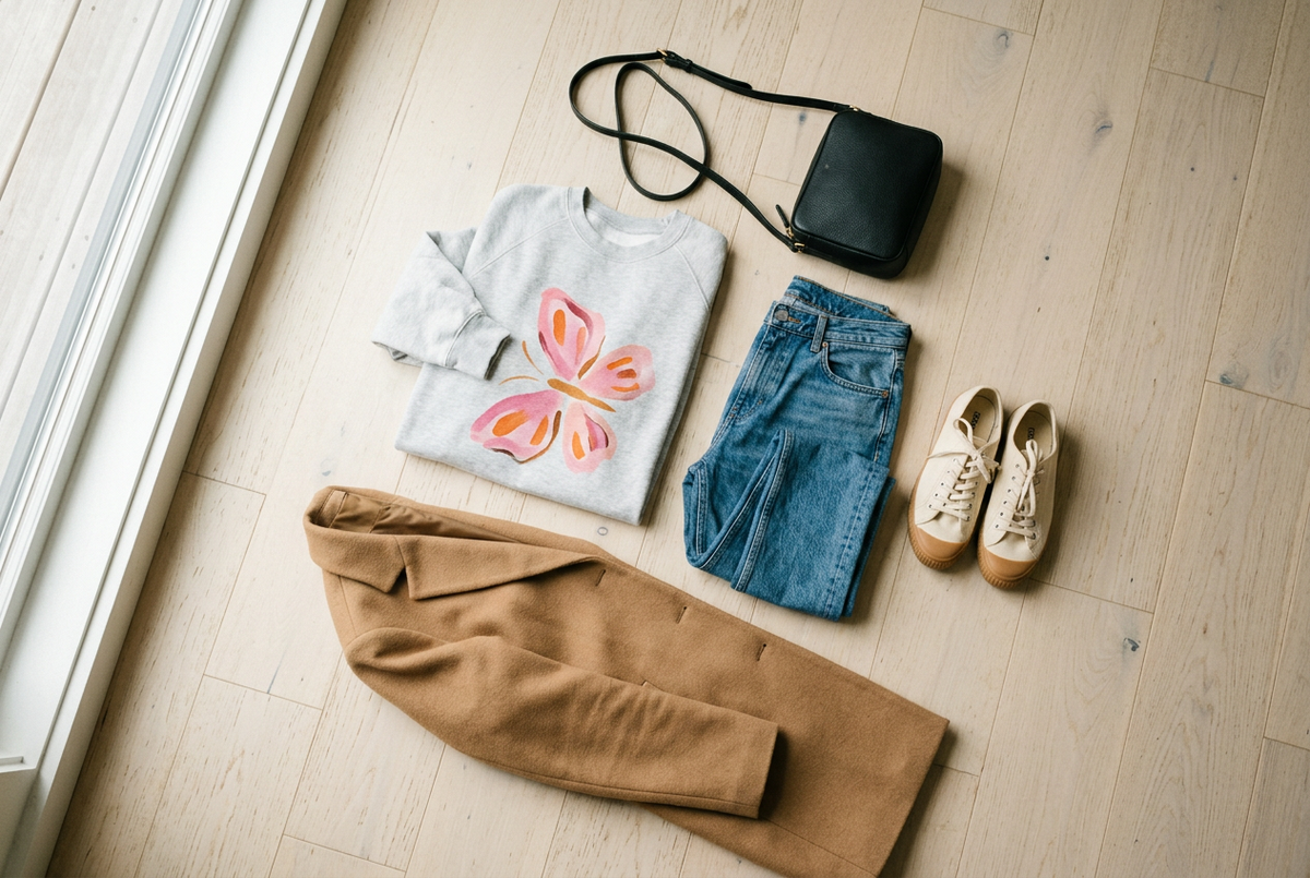 AI-generated outfit flat lay with a butterfly-inspired graphic sweatshirt, jeans, sneakers, and a camel coat