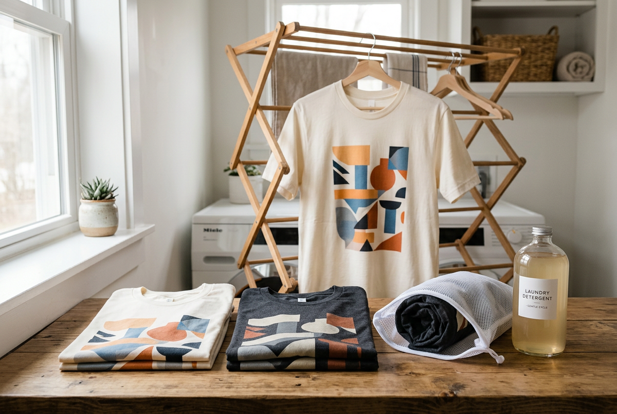 AI-generated graphic T-shirt laundry-care illustration