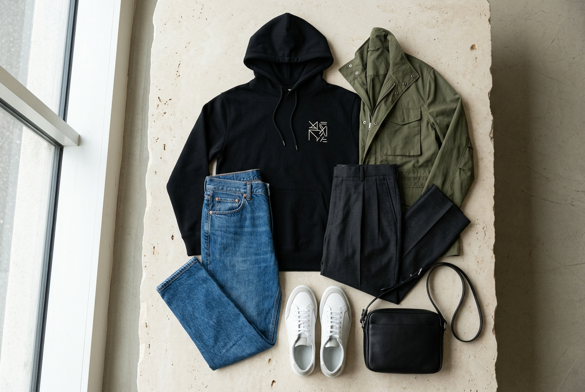 AI-generated flat lay of a black graphic hoodie with jeans, charcoal trousers, white sneakers, and an olive jacket