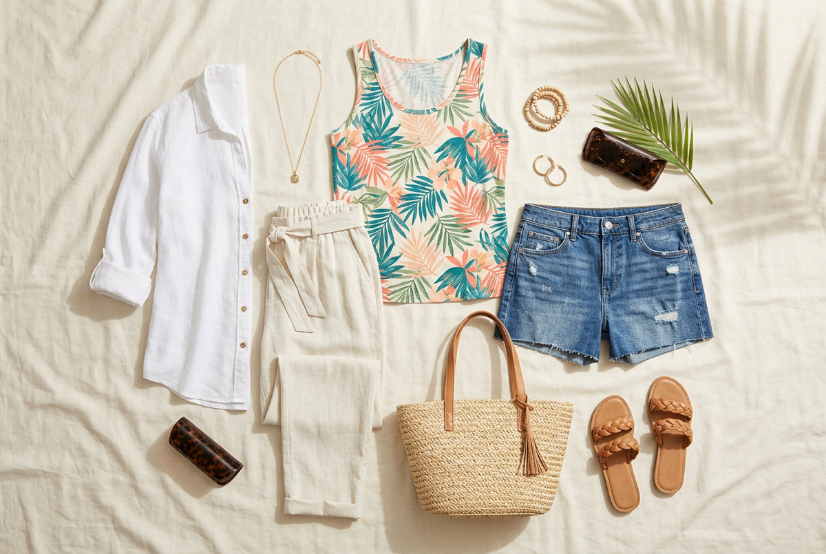 AI-generated outfit flat lay with a tropical-print tank, cream trousers, denim shorts, tan sandals, straw bag, and white shirt