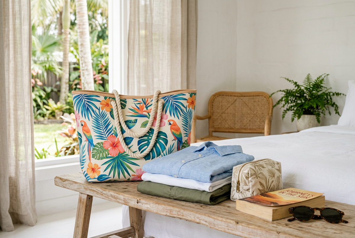 AI-generated travel scene with a tropical-print weekender tote, folded clothes, toiletry pouch, book, and sunglasses