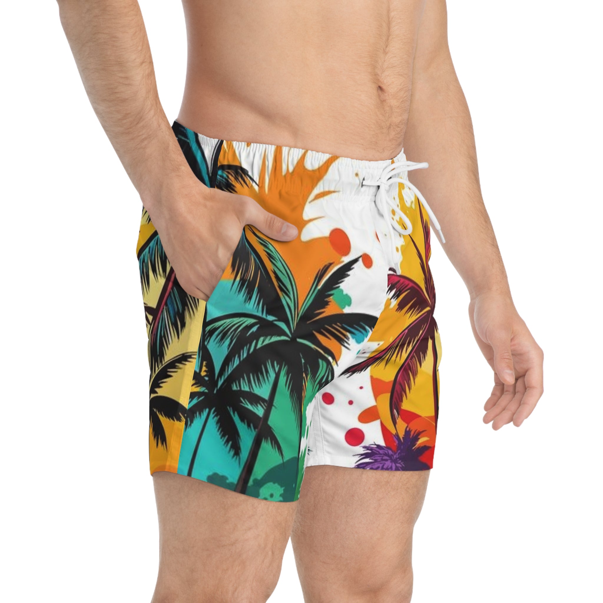 Tropical Palm Swim Trunks — Colorful Sunset Beach Shorts