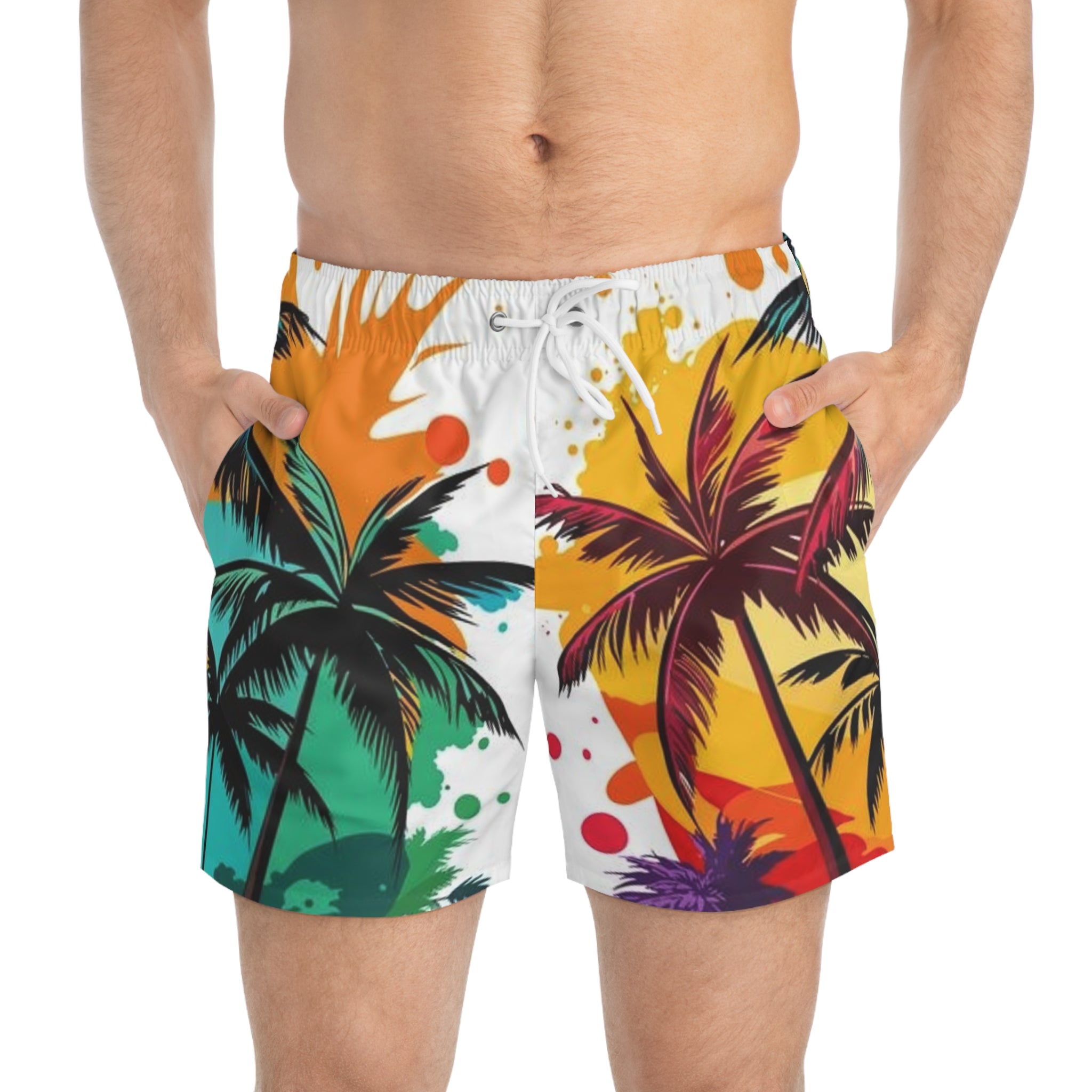 Tropical Palm Swim Trunks — Colorful Sunset Beach Shorts