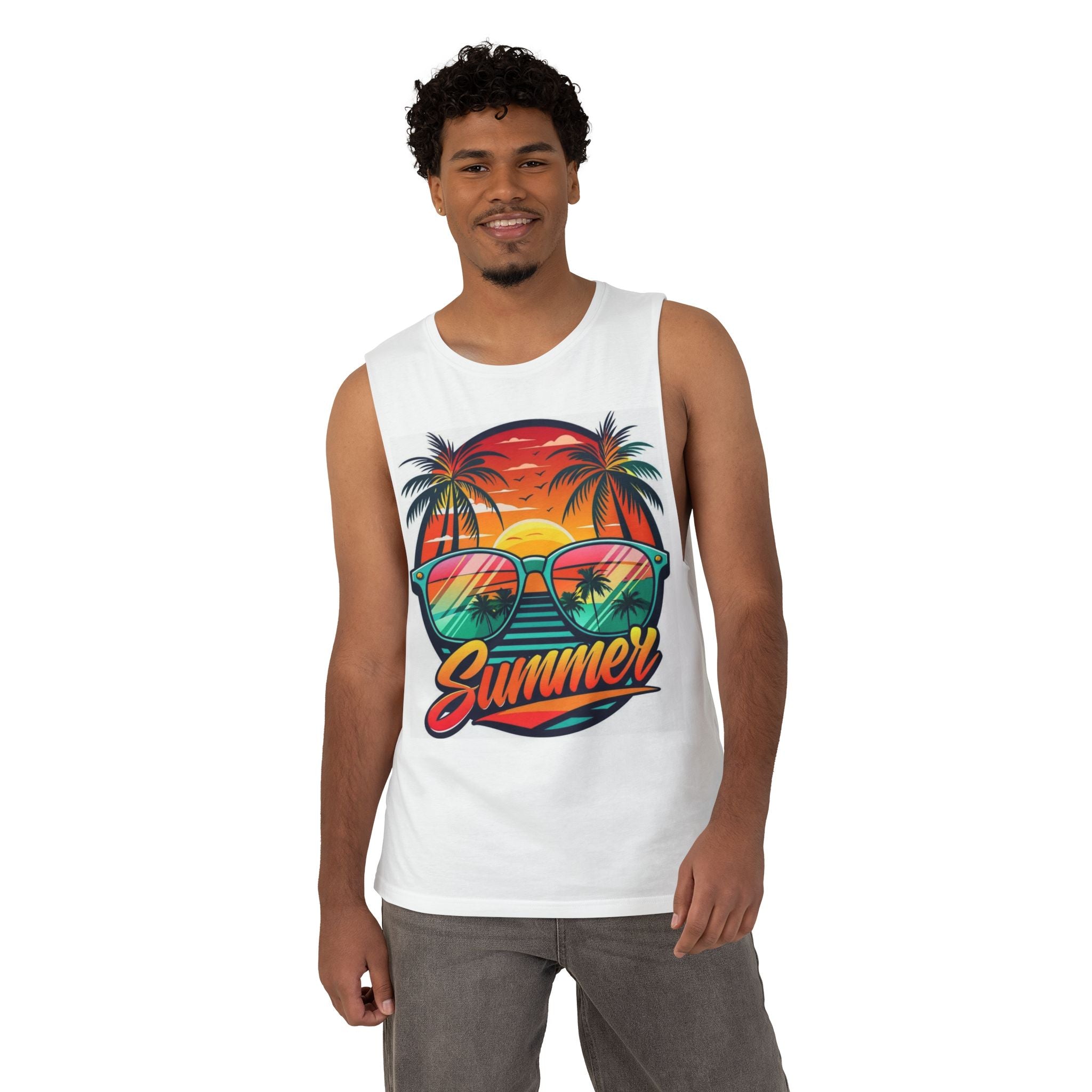 Summer Sunglasses Tank Top — Retro Palm Beach Sunset Graphic