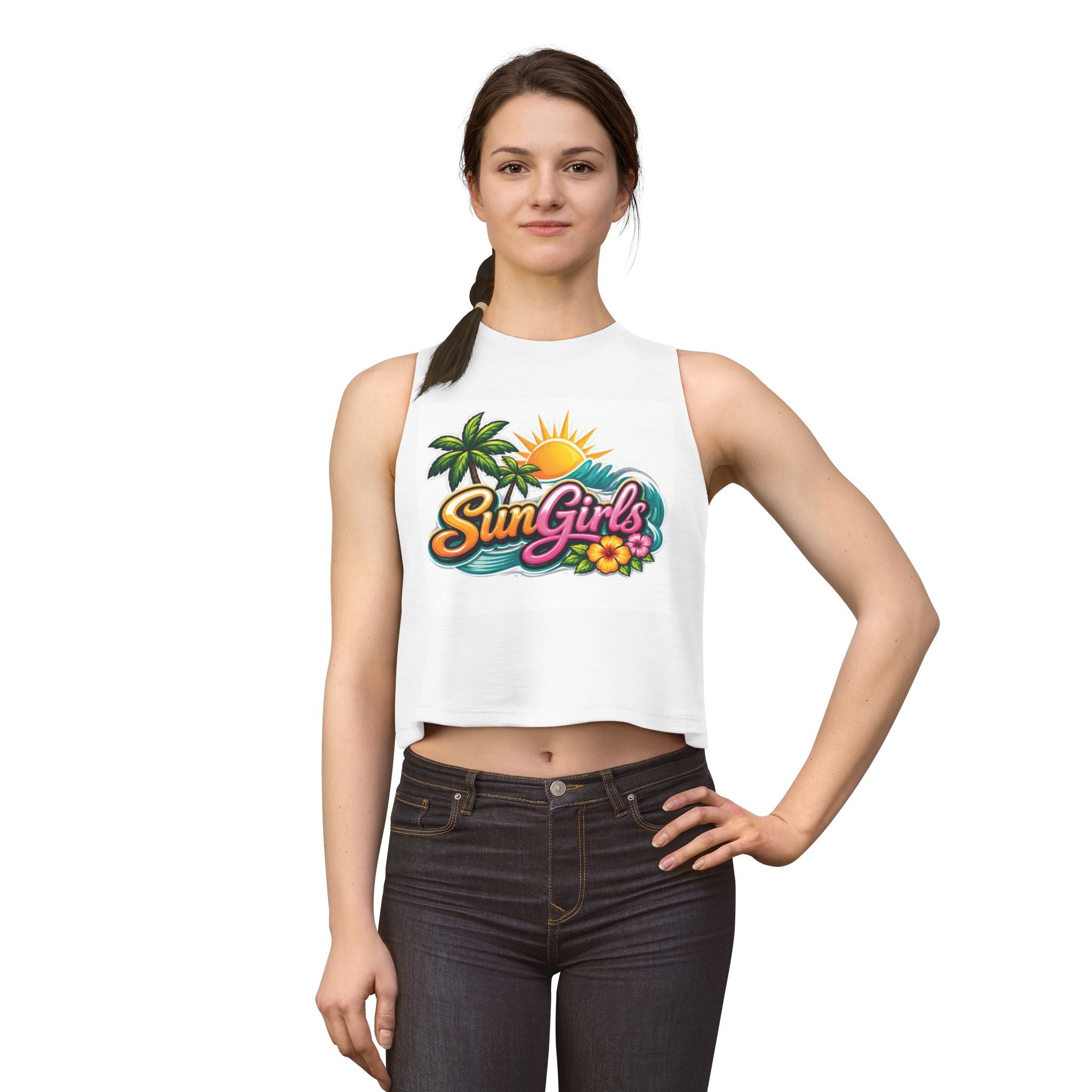 SunGirls Tropical Crop Top — Beachy Summer Tank with Palm, Sunset & Hibiscus Graphic