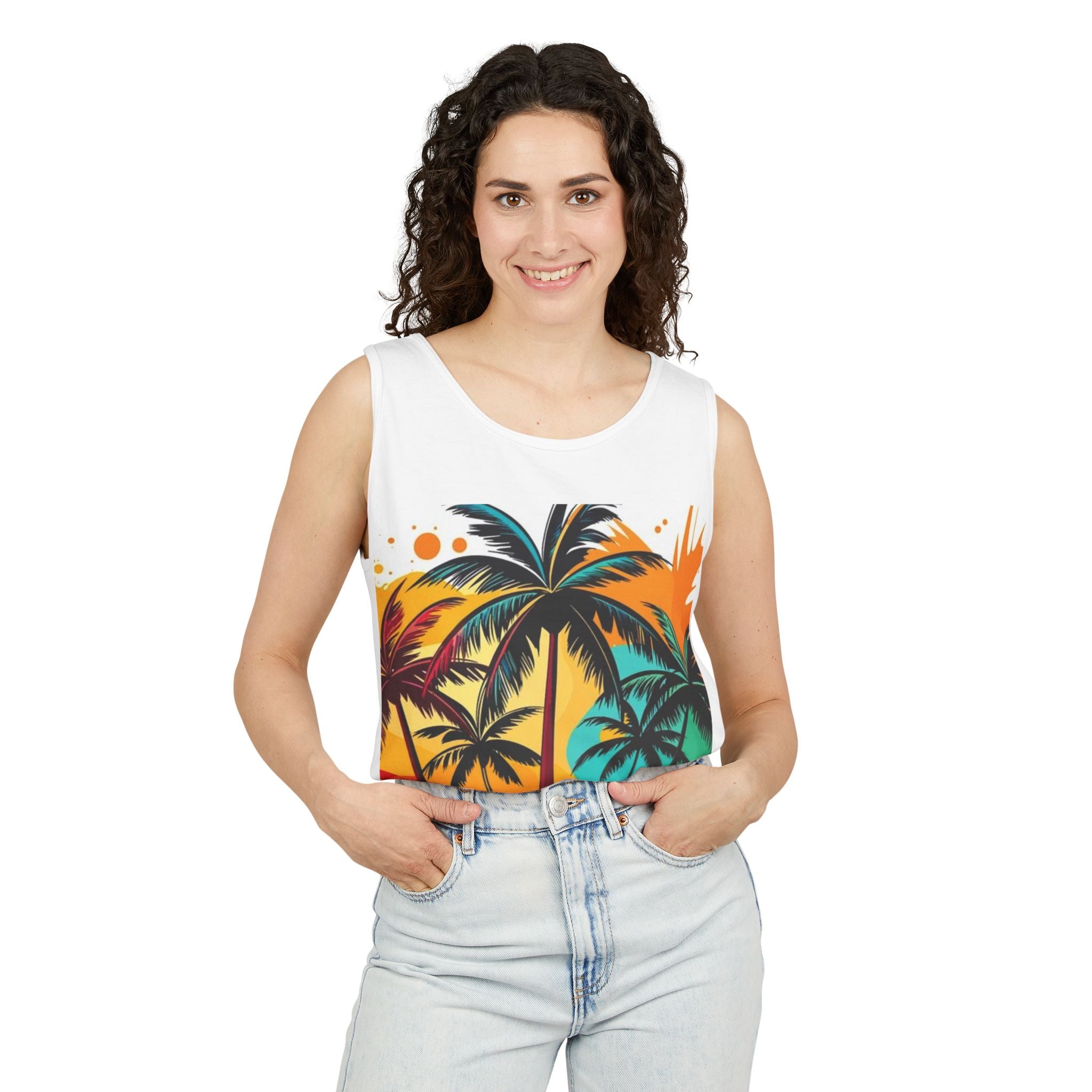 Tropical Palm Beach Tank Top — Sunset Palm Tree Graphic Tank