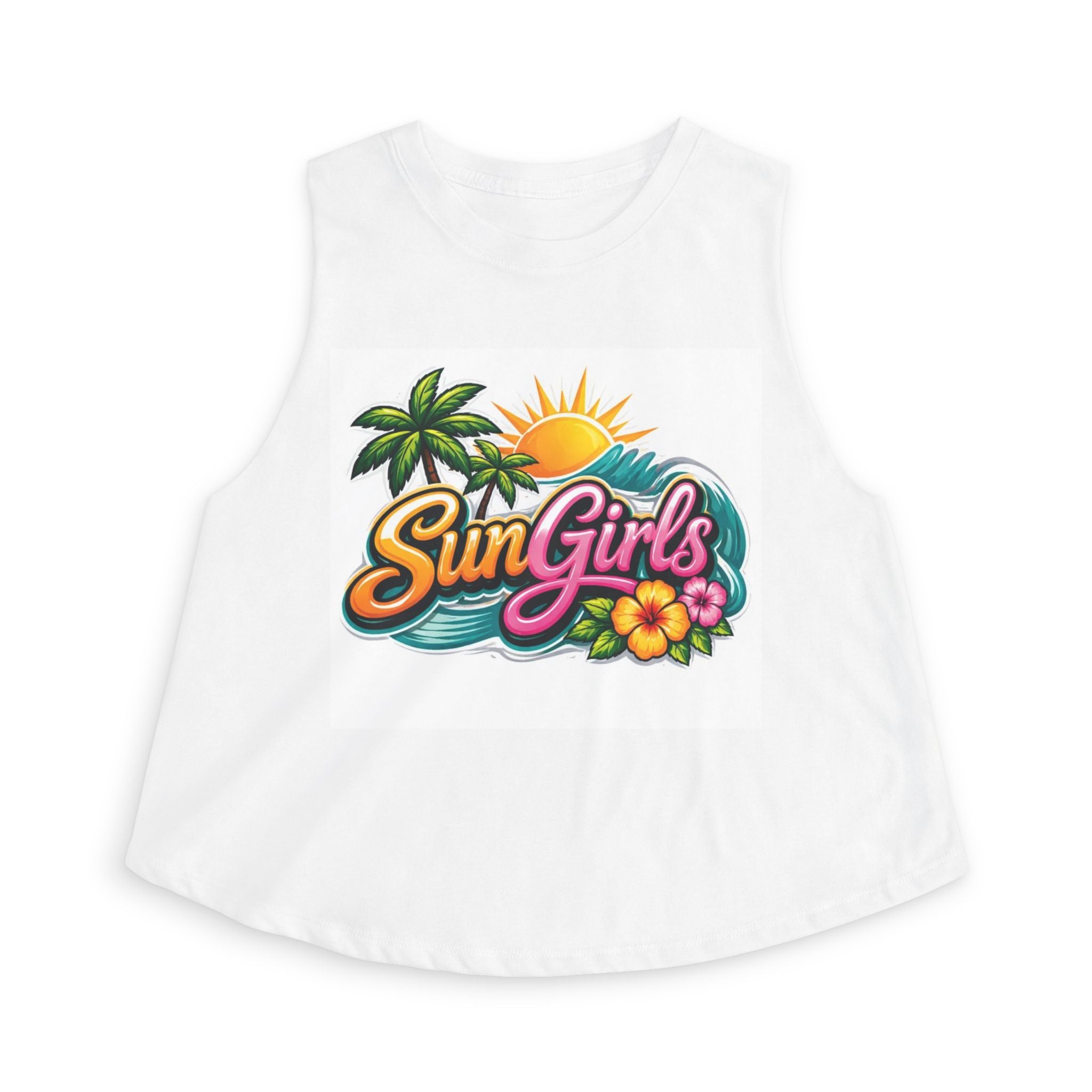 SunGirls Tropical Crop Top — Beachy Summer Tank with Palm, Sunset & Hibiscus Graphic