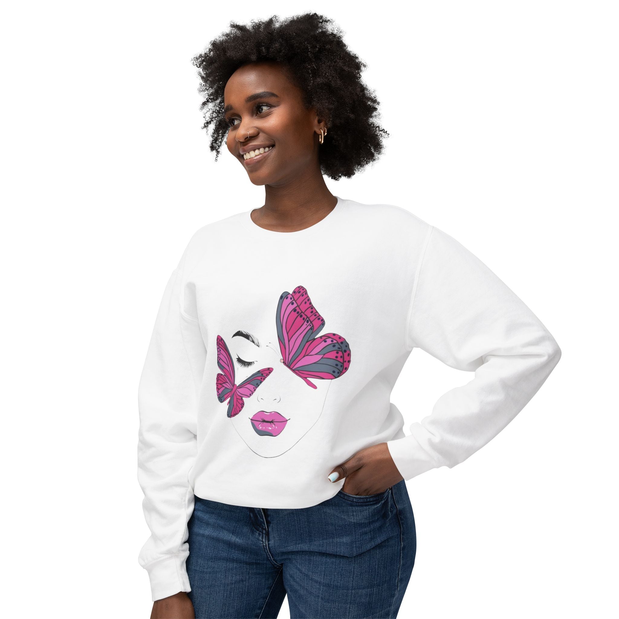 Butterfly Face Crewneck Sweatshirt — Pink Butterfly Art Graphic